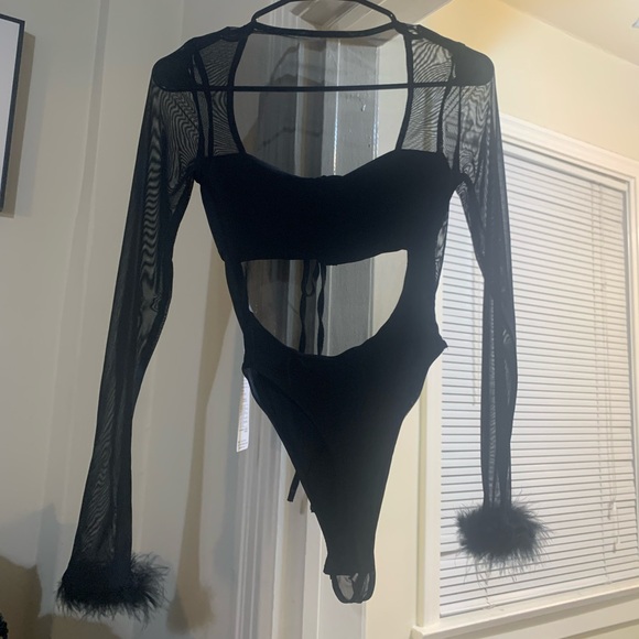 Black Sheer Fur Long Sleeve Bodysuit One Piece Onesie - Picture 4 of 8